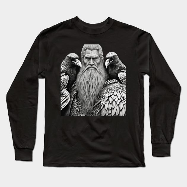 King of the Vikings Odin in Battle Armor with his ravens Huginn and Muninn done in a realistic black and gray. Long Sleeve T-Shirt by DesignsbyZazz